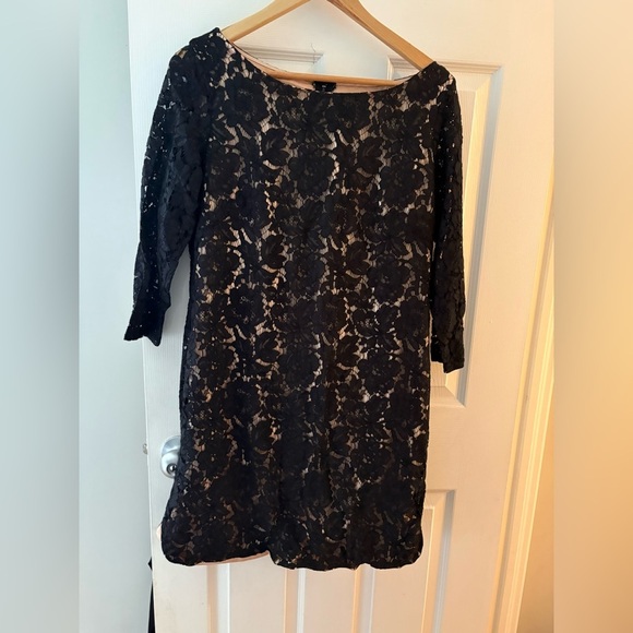 Vince Camuto size 14 black lace nude lined dress 3/4 sleeve zip back - Picture 1 of 9